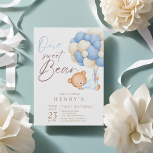 One Teddy Bear Watercolor Boy 1st Birthday Party Invitation