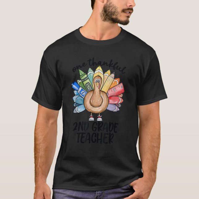 One Thankful 2nd Grade Teacher Turkey Cute Crayon  T-Shirt (Front)