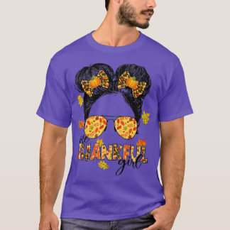 One Thankful Girl Messy Bun Funny Fall Autumn Than T-Shirt