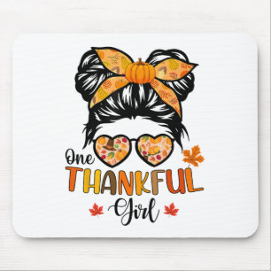 One Thankful Girl Thanksgiving Daughter Messy Bun Mouse Pad