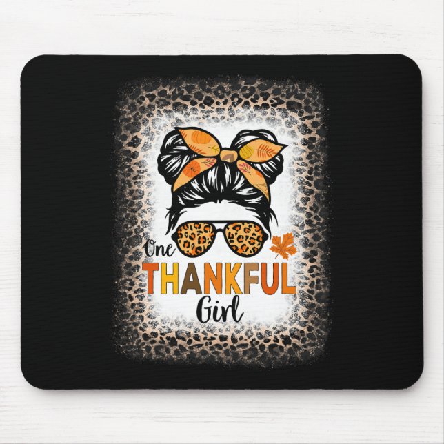 One Thankful Girl Thanksgiving Messy Bun Leopard B Mouse Pad (Front)