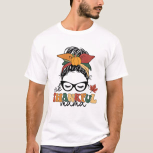 One Thankful Mama Messy Bun Women Autumn Groovy Th T-Shirt