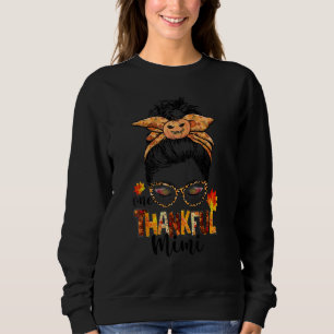 One Thankful Mimi Messy Bun Leopard Fall Thanksgiv Sweatshirt