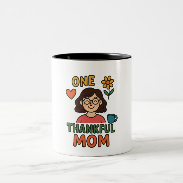 One Thankful Mum – Cute Cartoon Mother with Glasse Two-Tone Coffee Mug (Center)