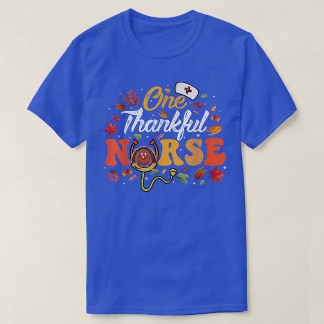 One Thankful Nurse Stethoscope Turkey Autumn Leave T-Shirt (Design Front)