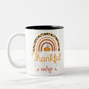 One Thankful School Nurse Leopard Rainbow Thanksgi Two-Tone Coffee Mug