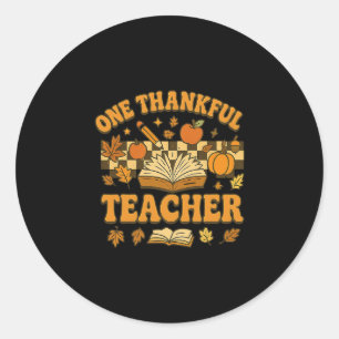 One Thankful Teacher Groovy Book Pumpkin Fall Than Classic Round Sticker