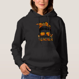 One Thankful Teacher Leopard Messy Bun Thanksgivin Hoodie