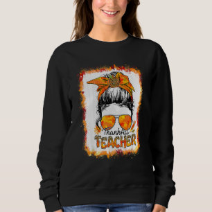 One Thankful Teacher Leopard Messy Bun Thanksgivin Sweatshirt