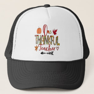One Thankful Teacher Thanksgiving Pumpkin Leopard Trucker Hat