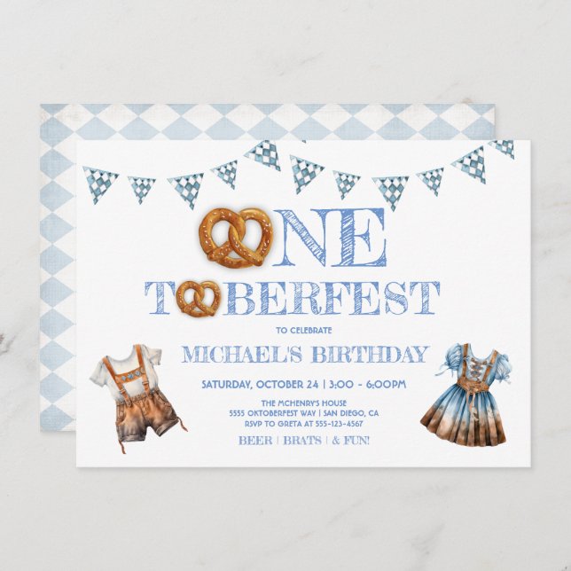 One toberfest Pretzel lederhosen 1st Birthday Invitation (Front/Back)