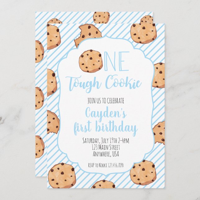 One Tough Cookie Blue first Birthday Invitation (Front/Back)