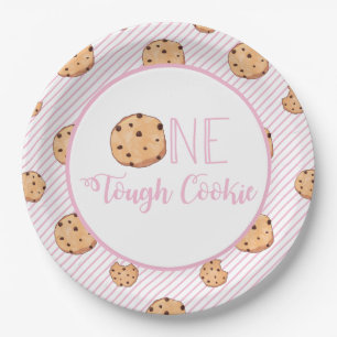 One Tough Cookie cookies and Pink stripes Birthday Paper Plate