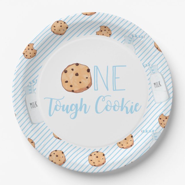 One Tough Cookie Milk and Cookies blue Birthday Paper Plate (Front)