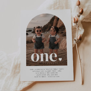 One Twin Girls - Heart Arched Photo First Birthday Invitation