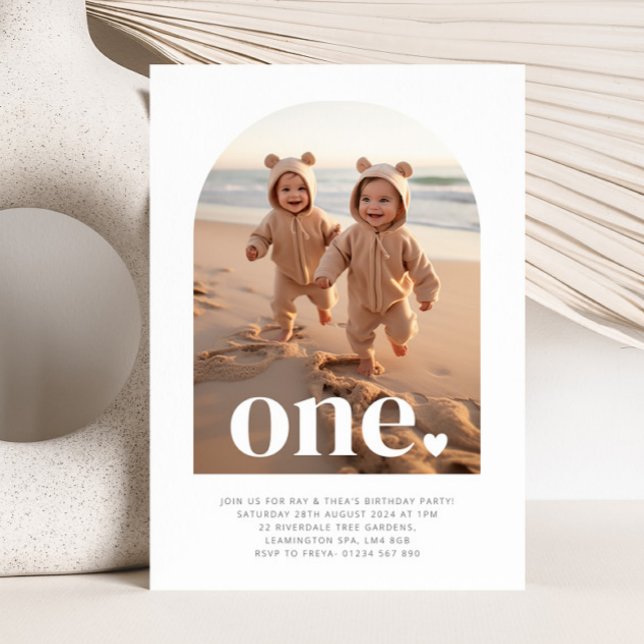 One Twin Girls - Heart Arched Photo First Birthday Invitation (One Twin Girls - Heart Arched Photo First Birthday Invitation)