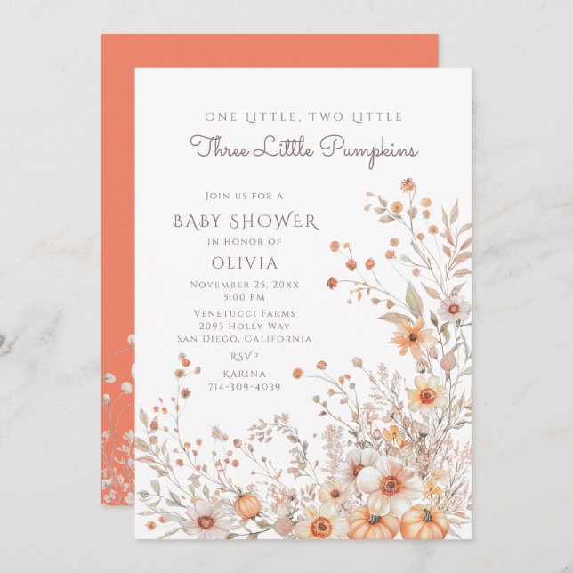 One, Two, Three Little Pumpkins Baby Shower Invitation (Front/Back)