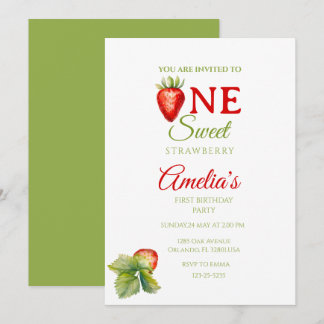 One Watercolor Strawberry,Berry Sweet Birthday Invitation