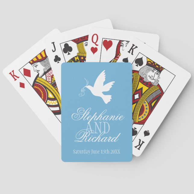 One white dove blue wedding name playing cards (Back)