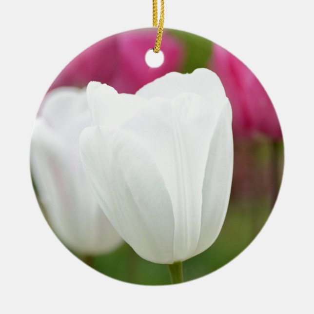 One White Tulip Ceramic Ornament (Front)