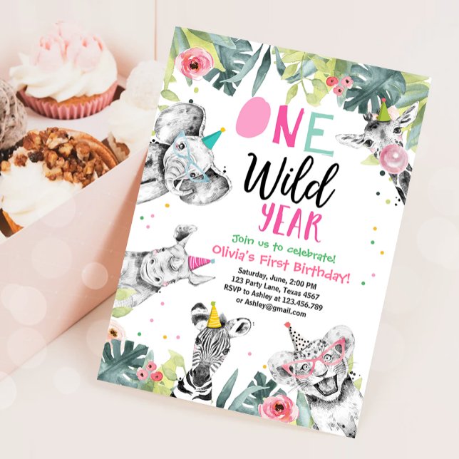 One Wild Year Girl Birthday Party Safari Animals Invitation (Creator Uploaded)