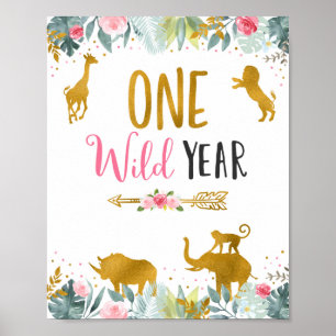 One Wild Year Pink Gold Safari Birthday Sign