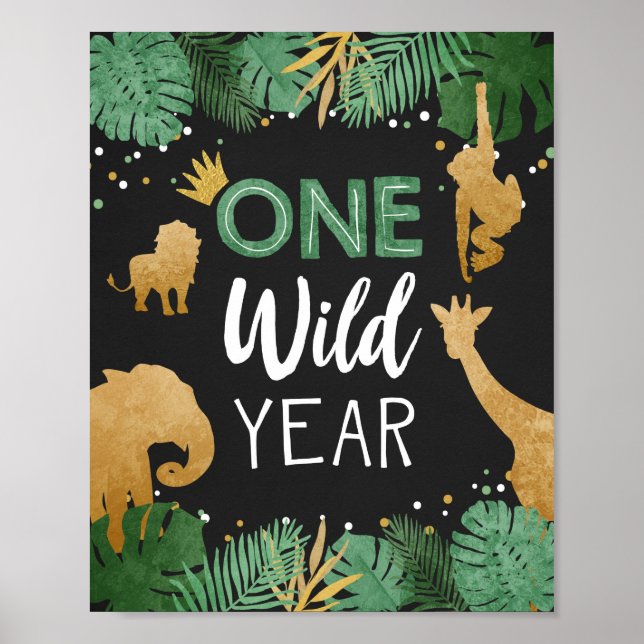 One Wild Year Safari Animals Gold First Birthday Poster (Front)