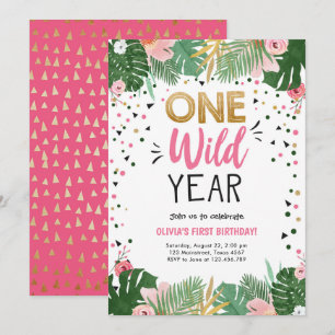 One Wild Year Safari Gold Girl First 1st Birthday Invitation