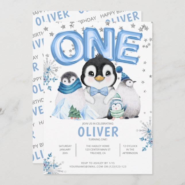 ONE Winter Penguins Boy 1st Birthday Invitation (Front/Back)