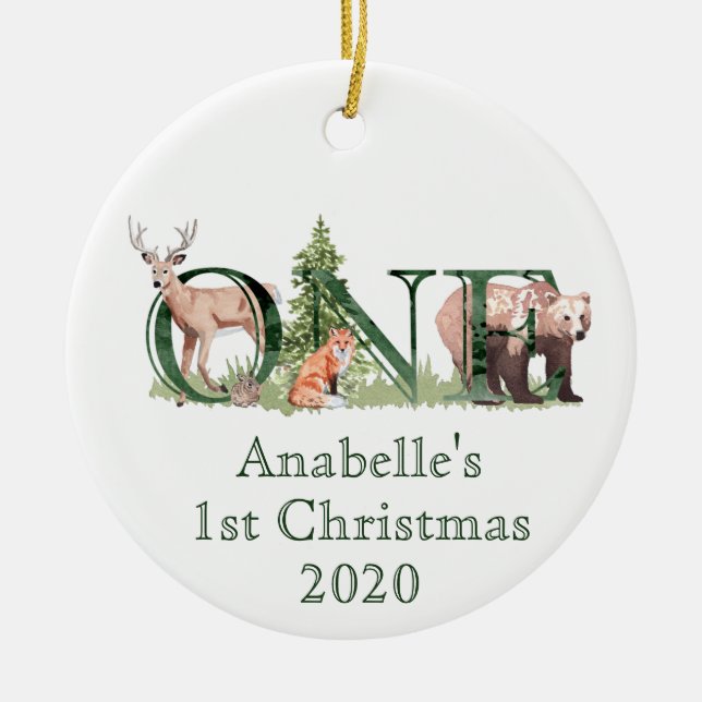 One Woodland Animal 1st Christmas Personalised Ceramic Ornament (Front)