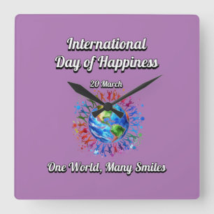 One World Many Smiles. Day of Happiness. Square Wall Clock