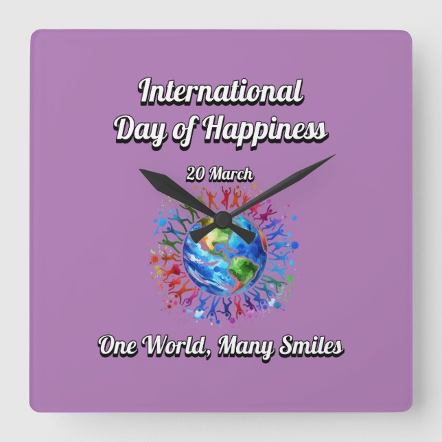 One World Many Smiles. Day of Happiness. Square Wall Clock (Front)