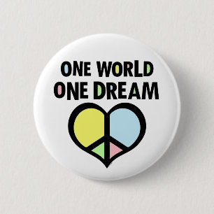 One World One Dream Peace Symbol Heart 6 Cm Round Badge
