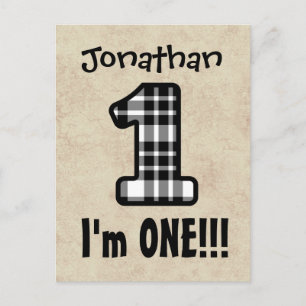 One Year 1st Birthday Plaid Number A07G Announcement Postcard