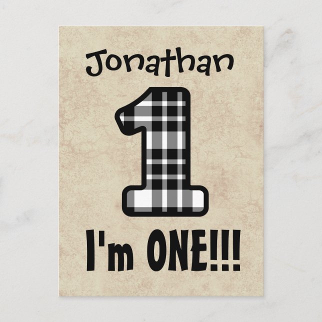 One Year 1st Birthday Plaid Number A07G Announcement Postcard (Front)