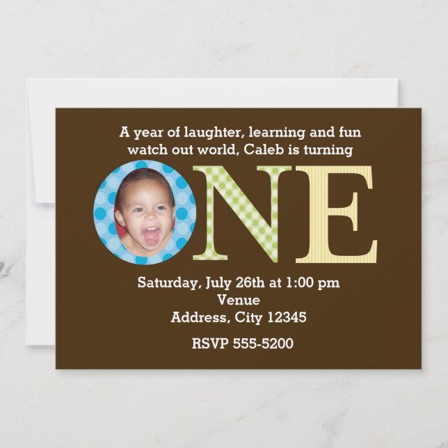 ONE year 1st First Birthday Boys Party Invitation (Front)