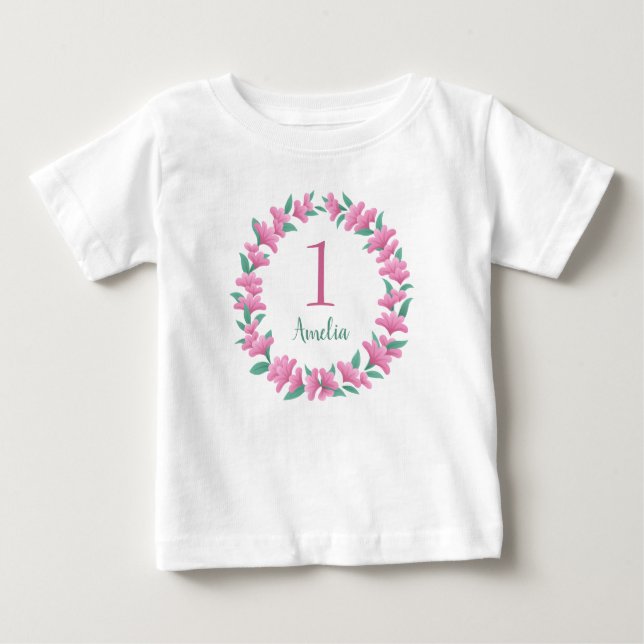 One Year Birthday Girl Pink Floral Wreath Baby  Baby T-Shirt (Front)
