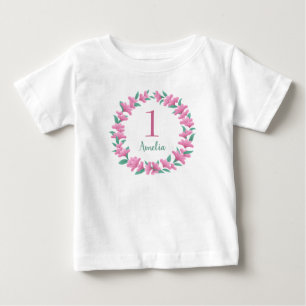 One Year Birthday Girl Pink Floral Wreath Baby  T-Shirt