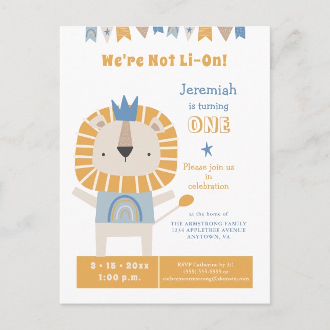 One Year Boy Lion Birthday Party Invitation Postcard (Front)