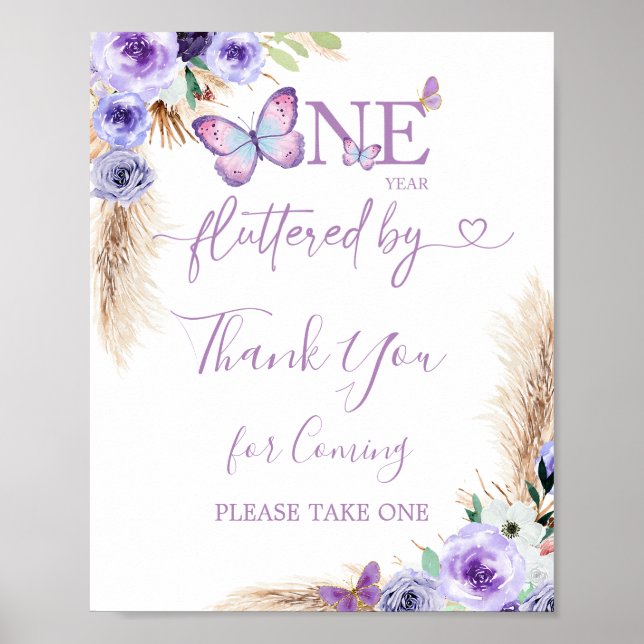 One Year Fluttered Butterfly Birthday Thank You Poster (Front)