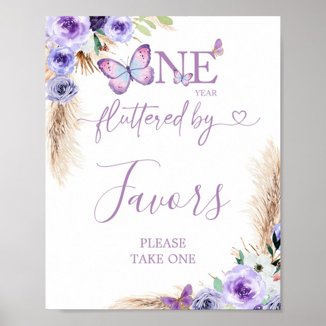 One Year Fluttered Butterfly First Birthday Favour Poster (Front)