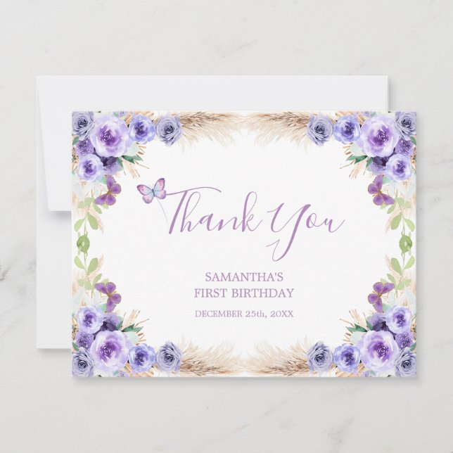 One Year Fluttered Butterfly First Birthday Floral Thank You Card (Front)
