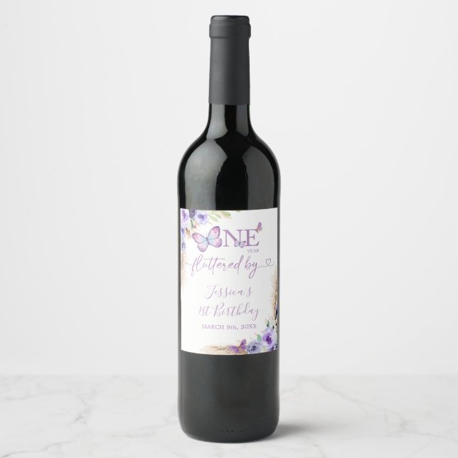 One Year Fluttered Butterfly First Birthday Floral Wine Label (Front)
