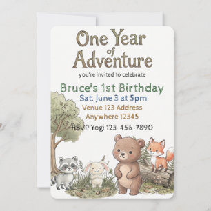 One Year of Adventure 1st Birthday Forest Friends Invitation