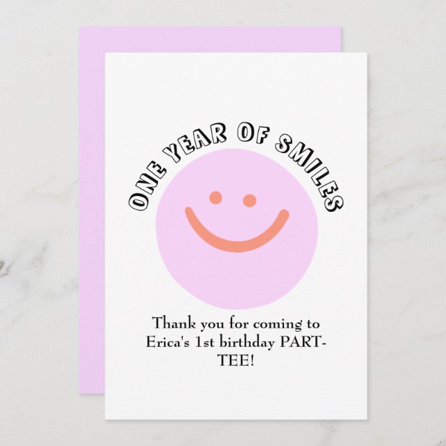 ONE YEAR OF SMILES Birthday Infant add details Thank You Card (Front/Back)