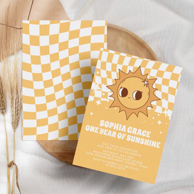 One Year of Sunshine Yellow Groovy 1st Birthday Invitation (Creator Uploaded)