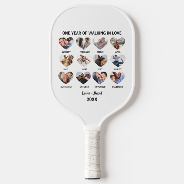 One Year of Walking in Love 12 Heart Photo Collage Pickleball Paddle (Front)