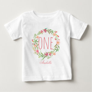 One Year Old Birthday Baby Girl Floral Wreath-5 T-Shirt