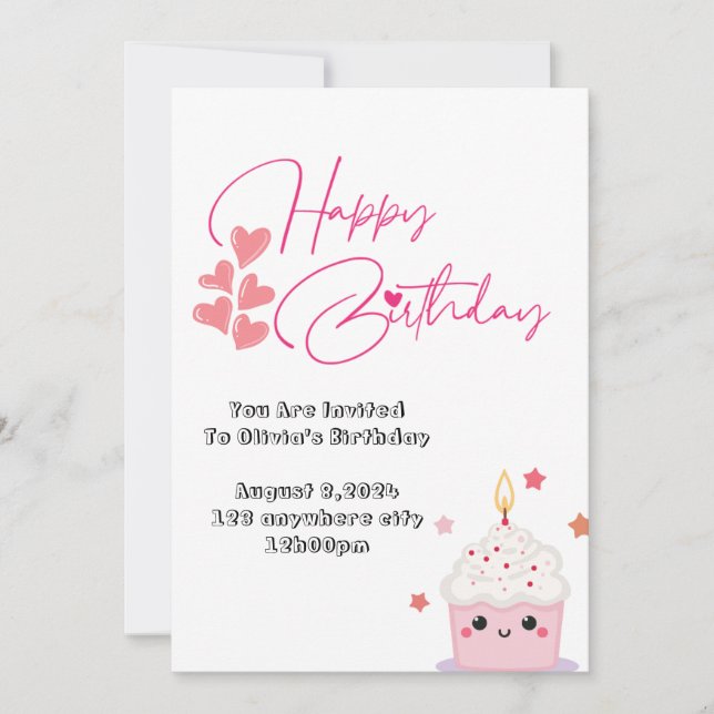 one year old birthday pink design invitation (Front)