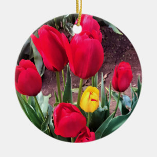 One Yellow with Red Tulips Ceramic Ornament